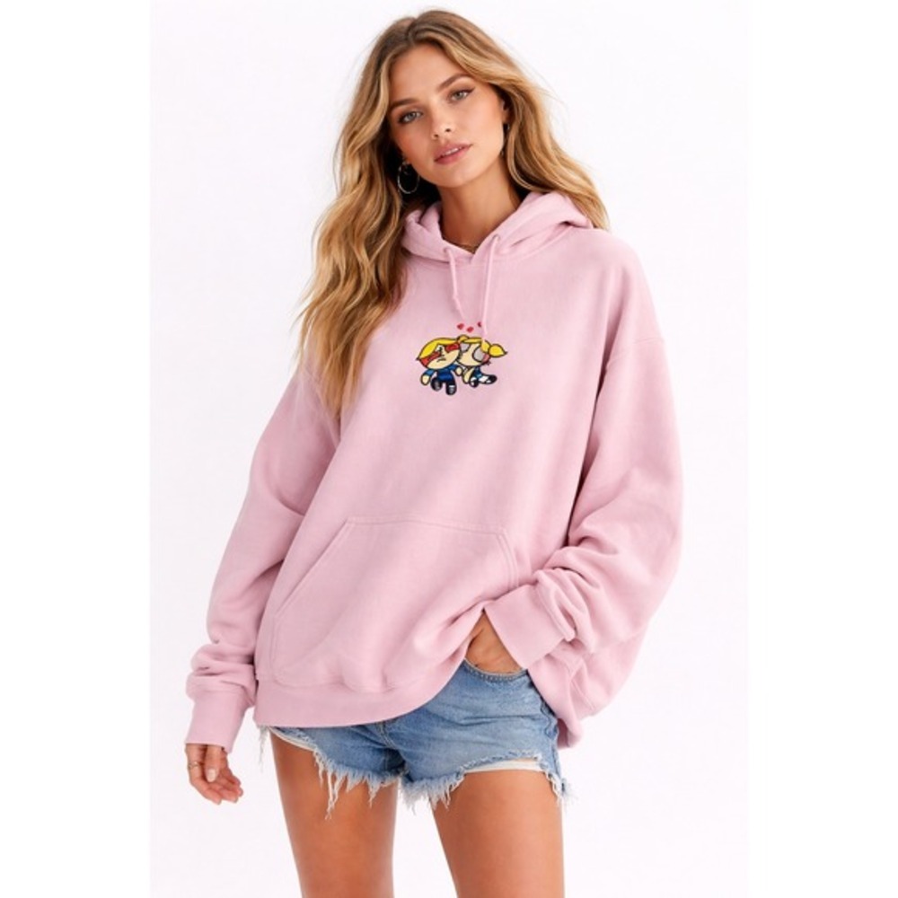 Gildan Powerpuff Girls Bubbles and Boomer‎ Embroidered Pink Hoodie Sweatshirt L